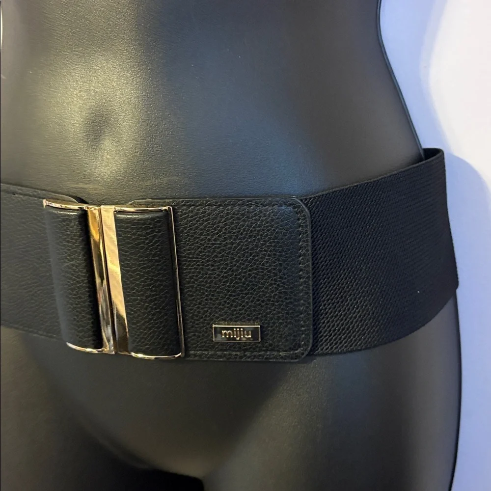 Mijiu Black Wide Hook Closure Faux Leather Elastic Belt